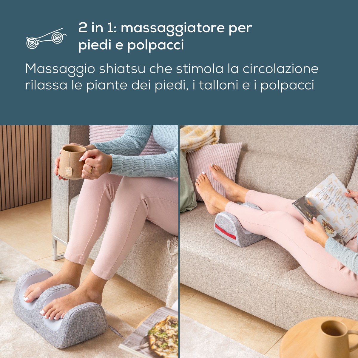 Donna con tazza di tè usa il massaggiatore Sanervol sul tappeto serale