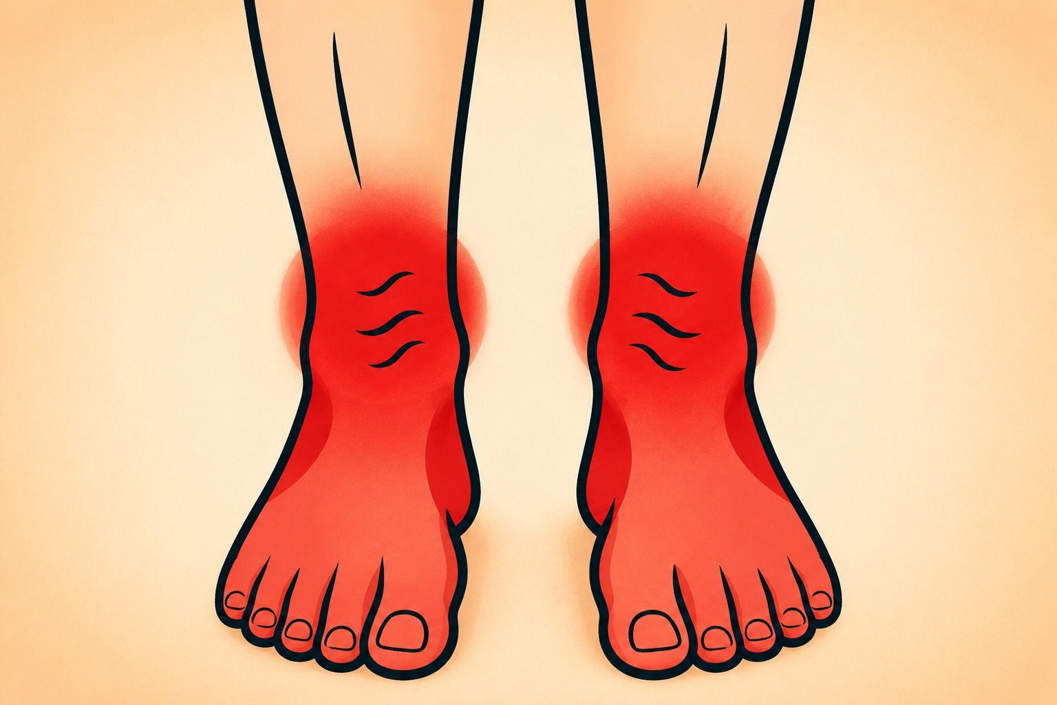 Illustrazione di piedi e caviglie con aree rosse che indicano gonfiore e calore