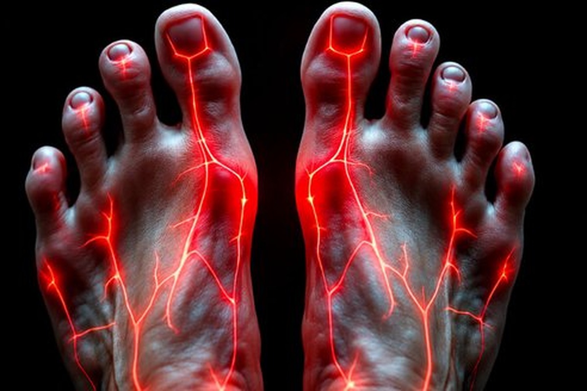 Due piedi con linee rosse luminose che raffigurano i nervi